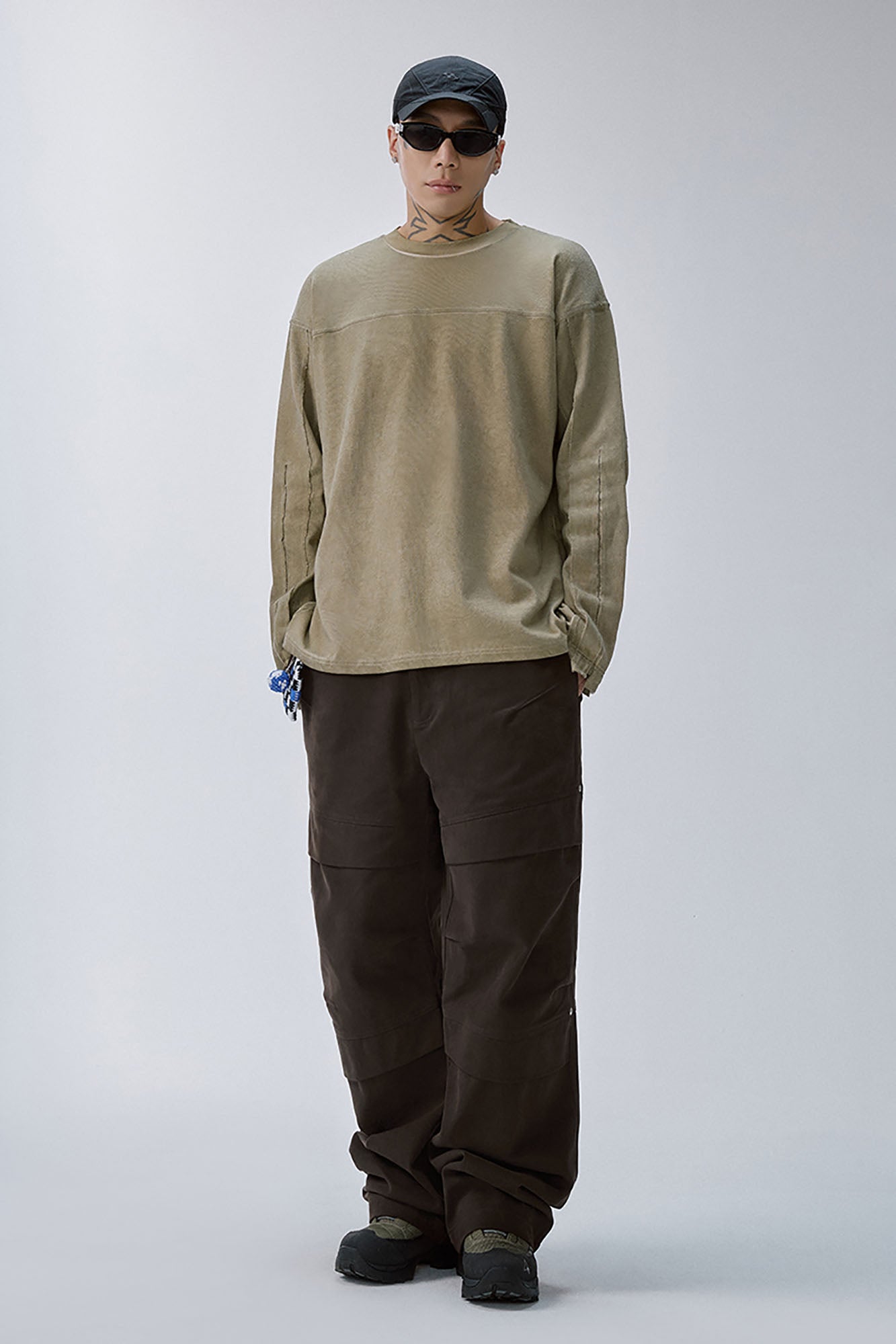 F2CE Distressed Panel-Stitched Long-Sleeve Tee-L/S Tee-S-Free Shipping Leatheretro