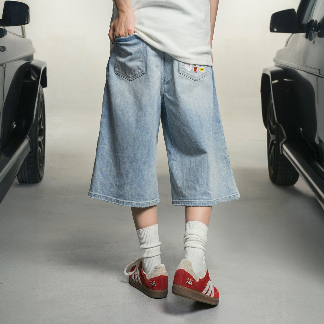 MAKEMORE Anime Sticker Washed Denim Shorts-Shorts-S-Free Shipping Leatheretro