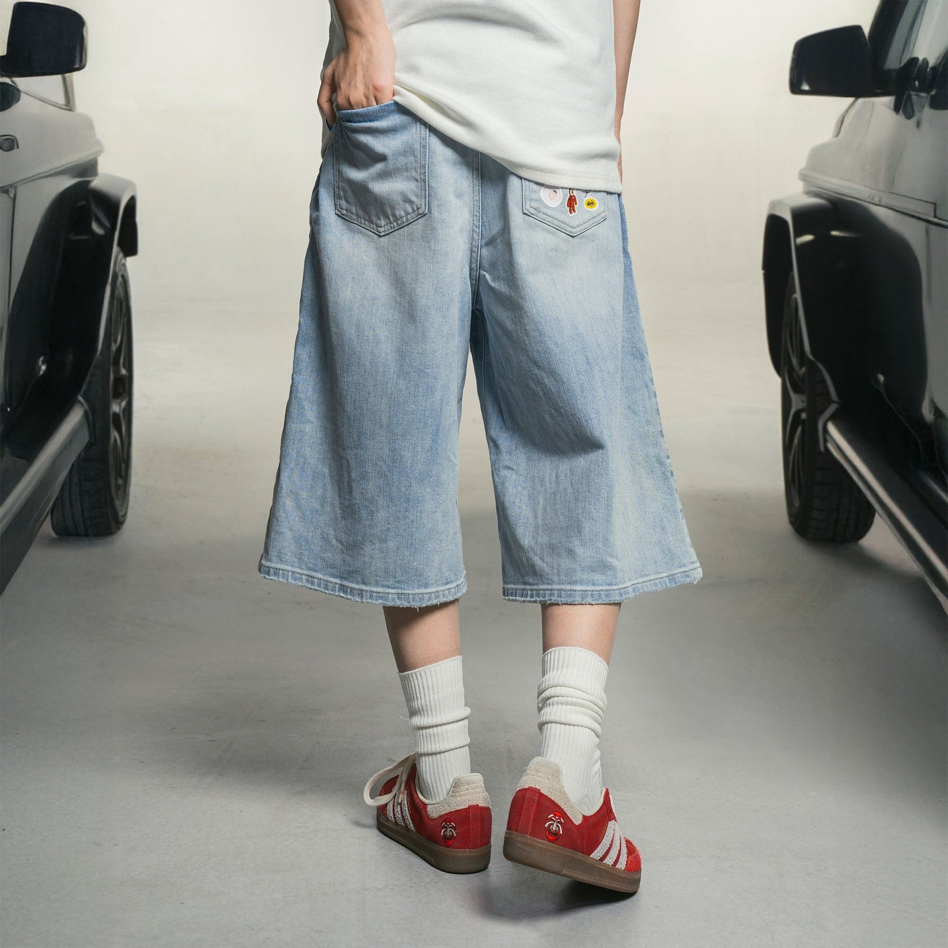 MAKEMORE Anime Sticker Washed Denim Shorts-Shorts-S-Free Shipping Leatheretro