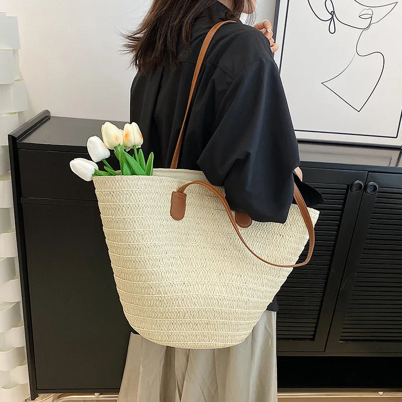 Luxury Designer Straw Tote Bag for Women-Tote Bag-Beige-Free Shipping Leatheretro
