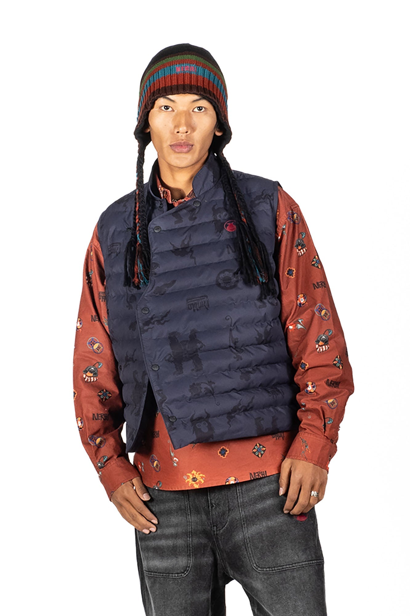 NERHI Asym Button Full-Print Down Vest-Vest-S-Light Gray (Preorder)-Free Shipping Leatheretro
