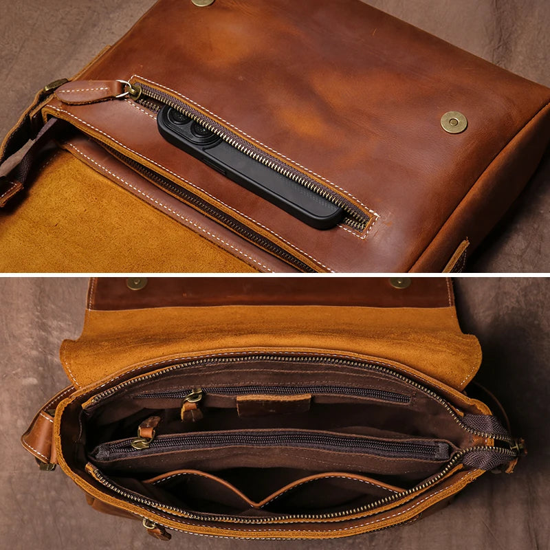 Crazy Horse Leather Messenger Bag - Men's Vintage Flap Crossbody Bags-Messenger Bag-Dark Brown-Free Shipping Leatheretro