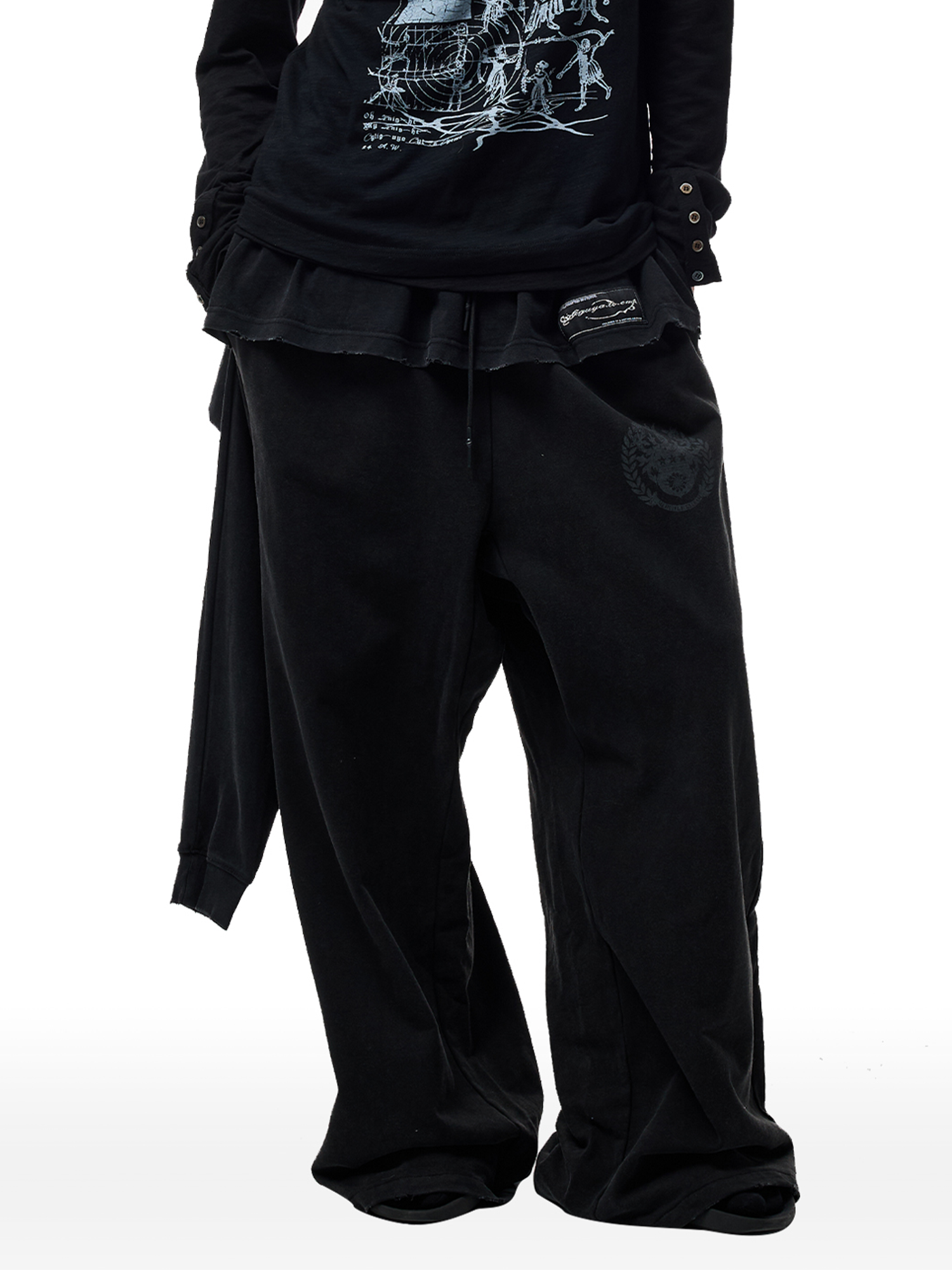 CYCYCY Layered Raw Edge Wide-Leg Sweatpants Black-Pants-S /23"-Free Shipping Leatheretro