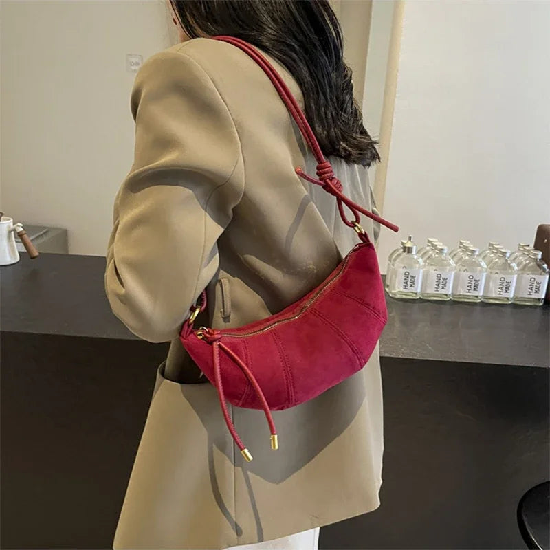 Dumpling-shaped Croissant Shoulder Bag - Texture Versatile Velvet Zipper Handbag-Shoulder Bag-Brown-Free Shipping Leatheretro