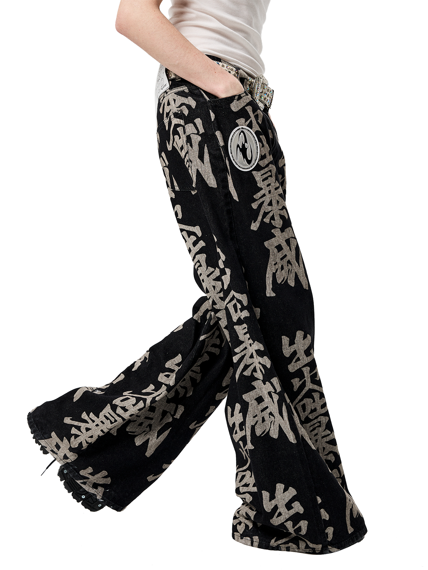 ERISSTOFF Washed Full-Print Wide-Leg Jeans-Jeans-XXS / 27"-Free Shipping Leatheretro