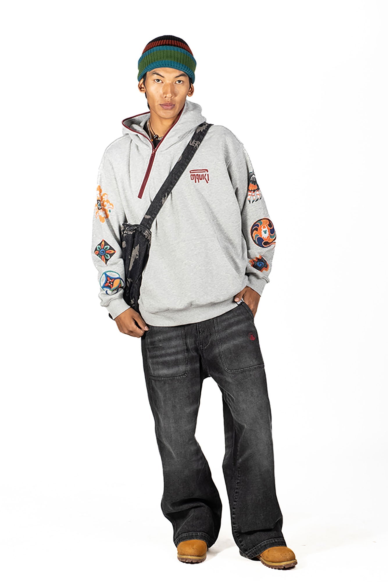 NERHI Asym Half-Zip Mural Graphic Hoodie-Shirt-S-Gray (Preorder)-Free Shipping Leatheretro