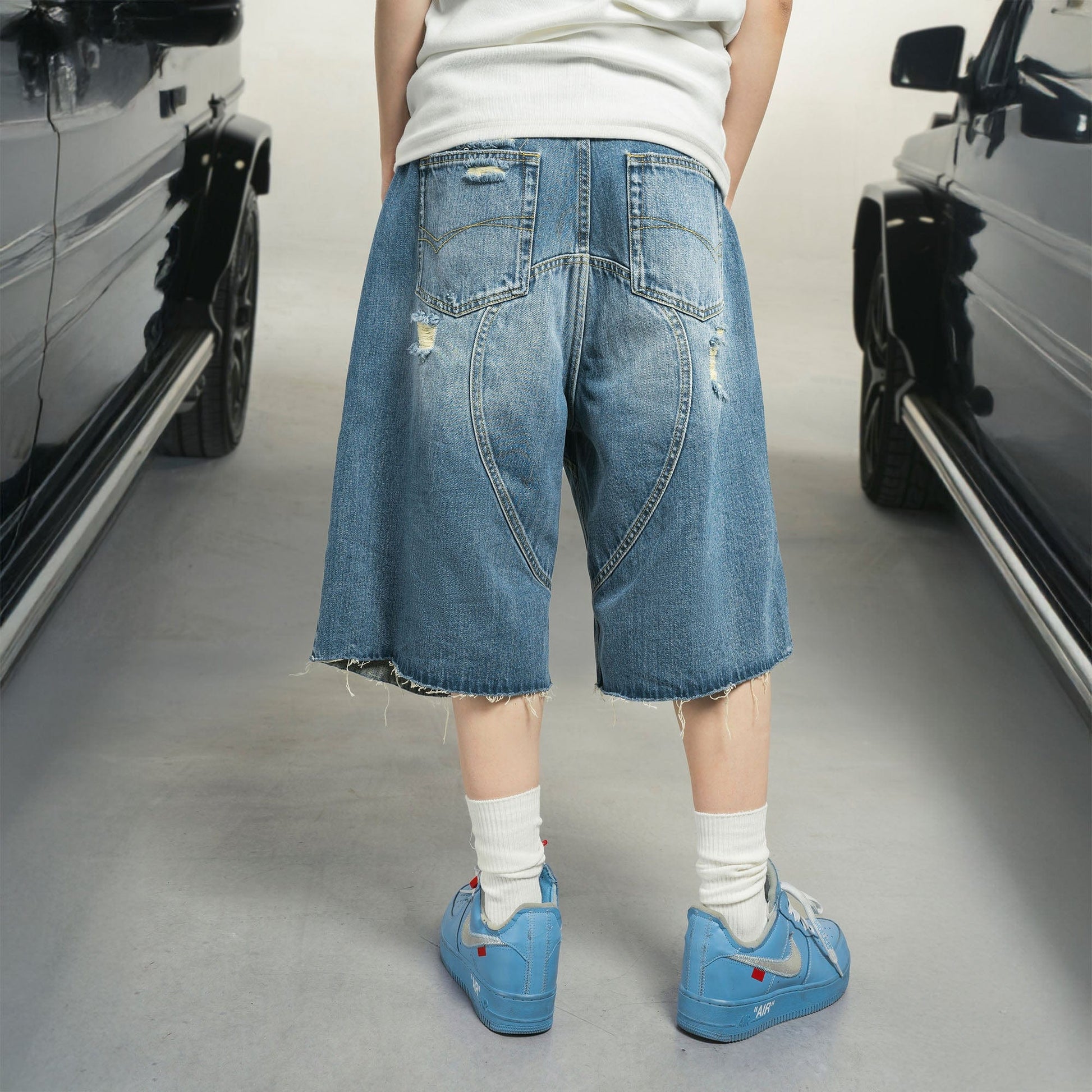 MAKEMORE Distressed Arc Spliced Ripped Denim Shorts-Shorts-S-Free Shipping Leatheretro