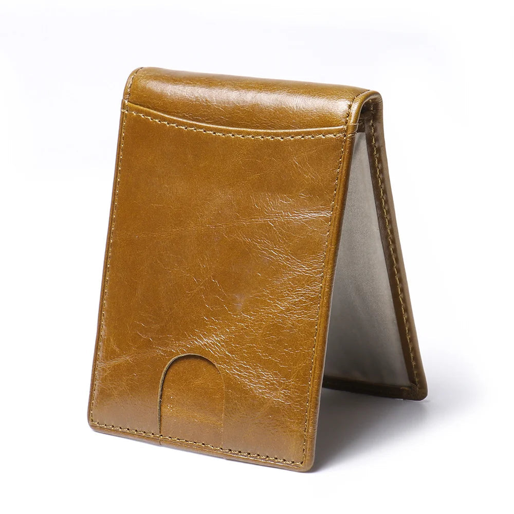 Men’s Slim Leather Card Holder Wallet – Genuine Cowhide with Dollar Clip-Wallets & Money Clips-Olive Green-Free Shipping Leatheretro