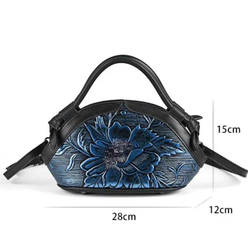 Women's Vintage Genuine Leather Handbag - Embossed Handmade Shoulder Bag-Blue-Free Shipping Leatheretro