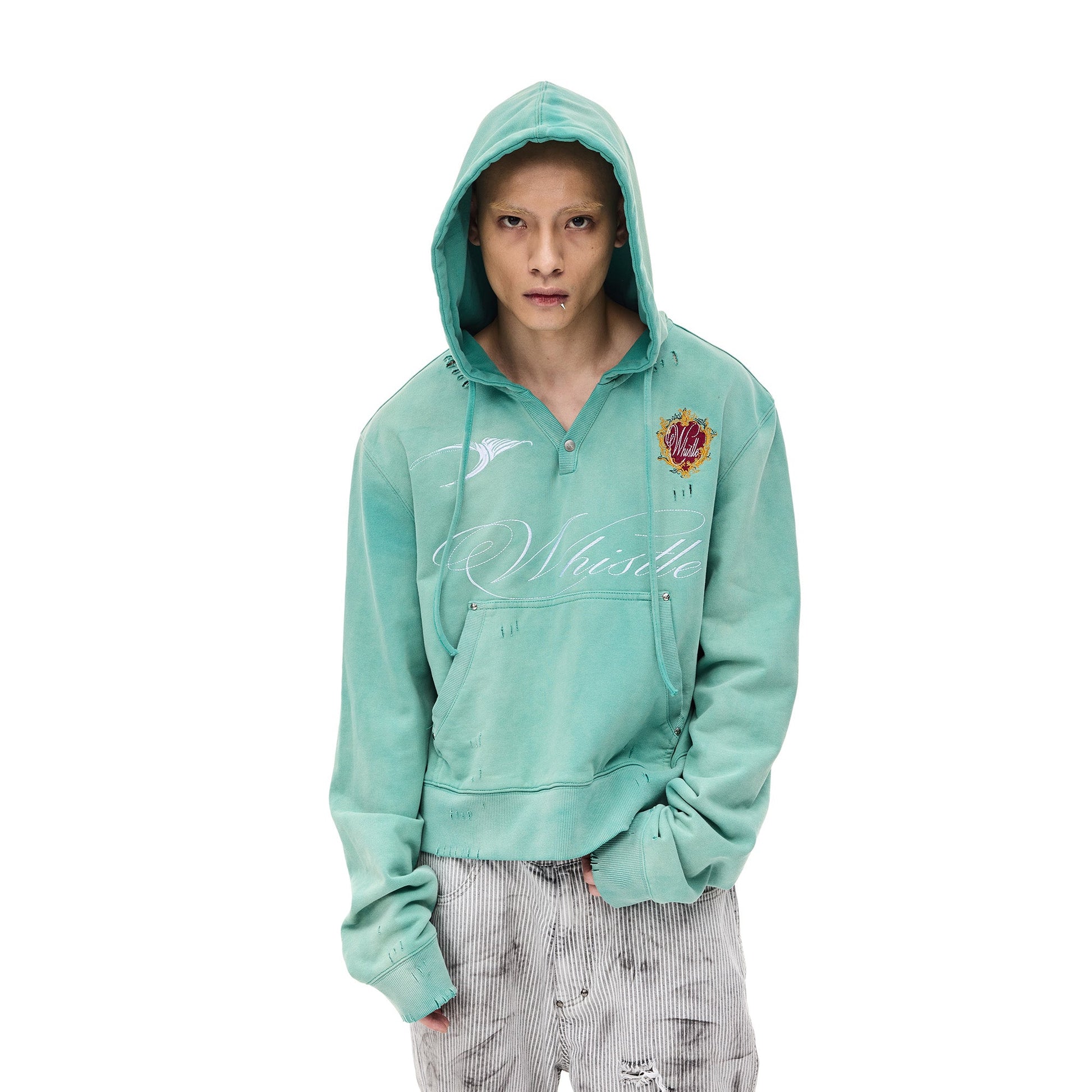 WHISTLEHUNTER Distressed Embroidered V-Neck Hoodie-Hoodie-XL-Green-Free Shipping Leatheretro