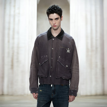 FACEONLAB Washed Gradient Utility Jacket Gray-Jacket-M-Free Shipping Leatheretro