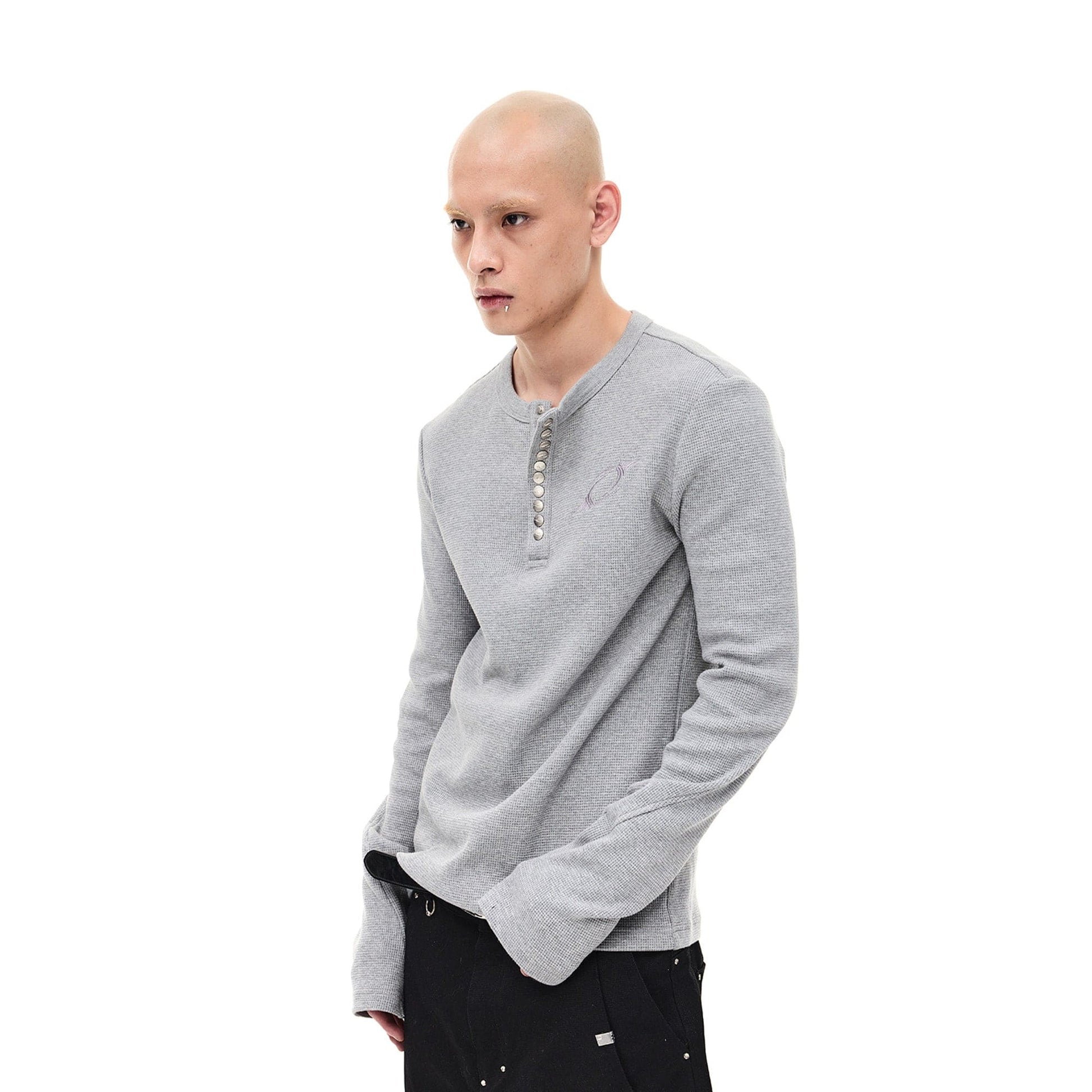 WHISTLEHUNTER Waffle-Knit Snap Henley Long-Sleeve Tee-L/S Tee-S-Gray-Free Shipping Leatheretro