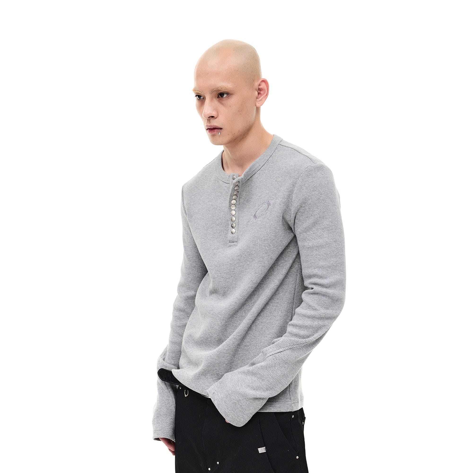 WHISTLEHUNTER Waffle-Knit Snap Henley Long-Sleeve Tee-L/S Tee-S-Gray-Free Shipping Leatheretro