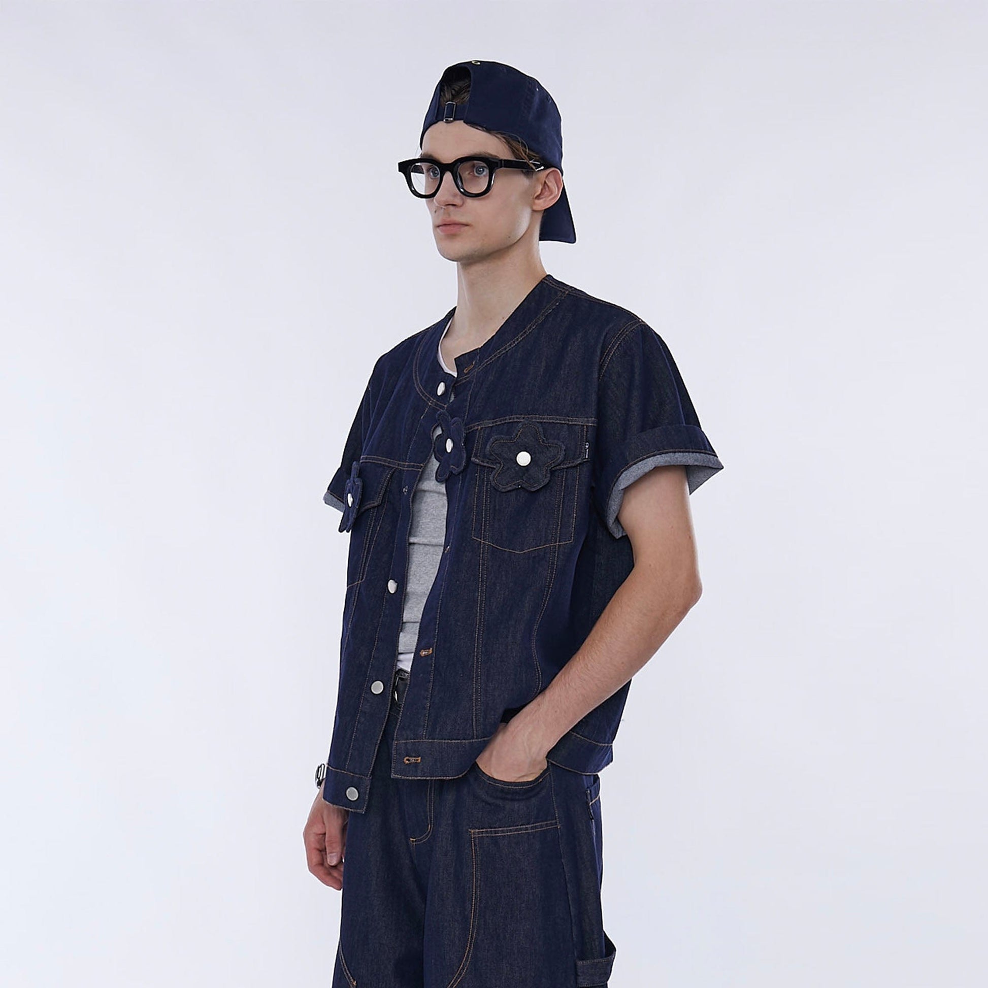 ASSEEN Flower Patchwork Stitched Raw Denim Half Shirt-Half shirt-S-Free Shipping Leatheretro