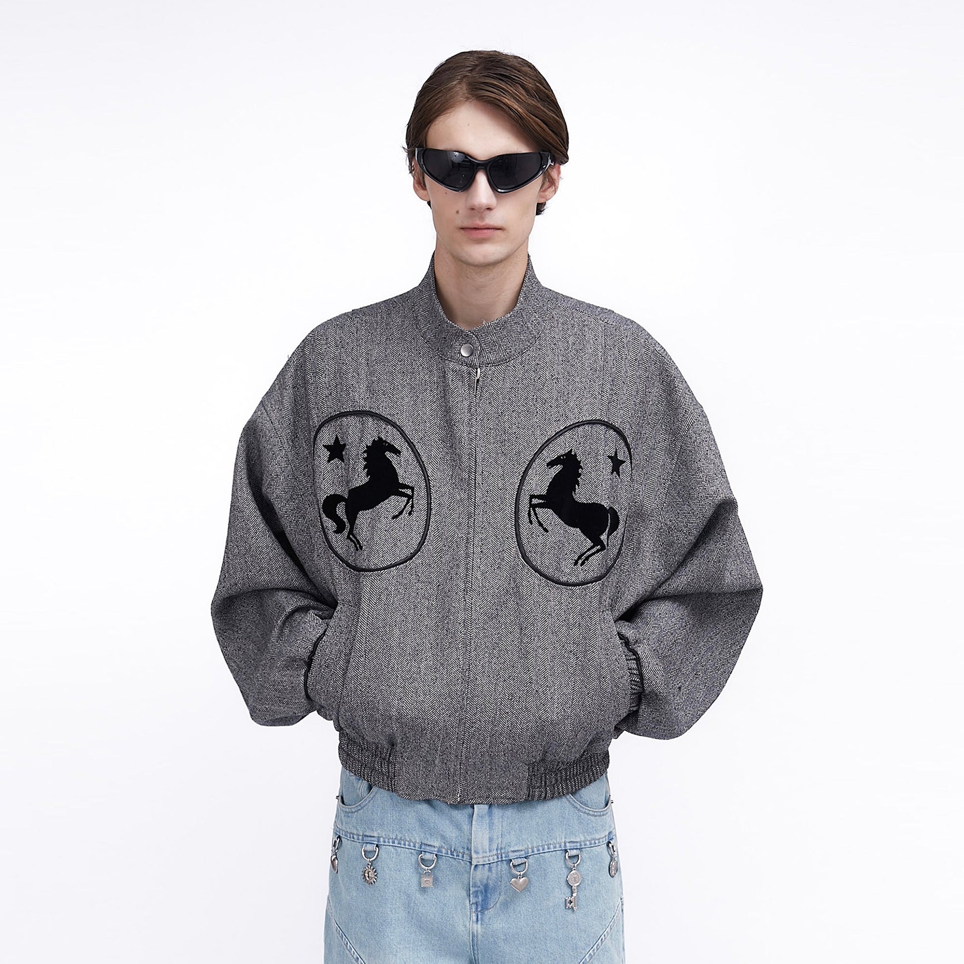 ASSEEN Horse Graphic Herringbone Bomber Jacket-Jacket-S-Free Shipping Leatheretro