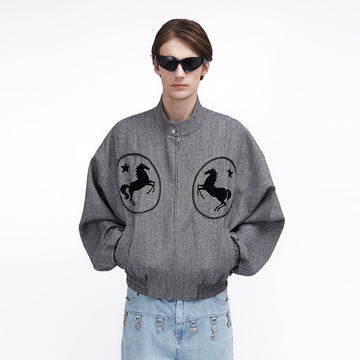 ASSEEN Horse Graphic Herringbone Bomber Jacket-Jacket-S-Free Shipping Leatheretro