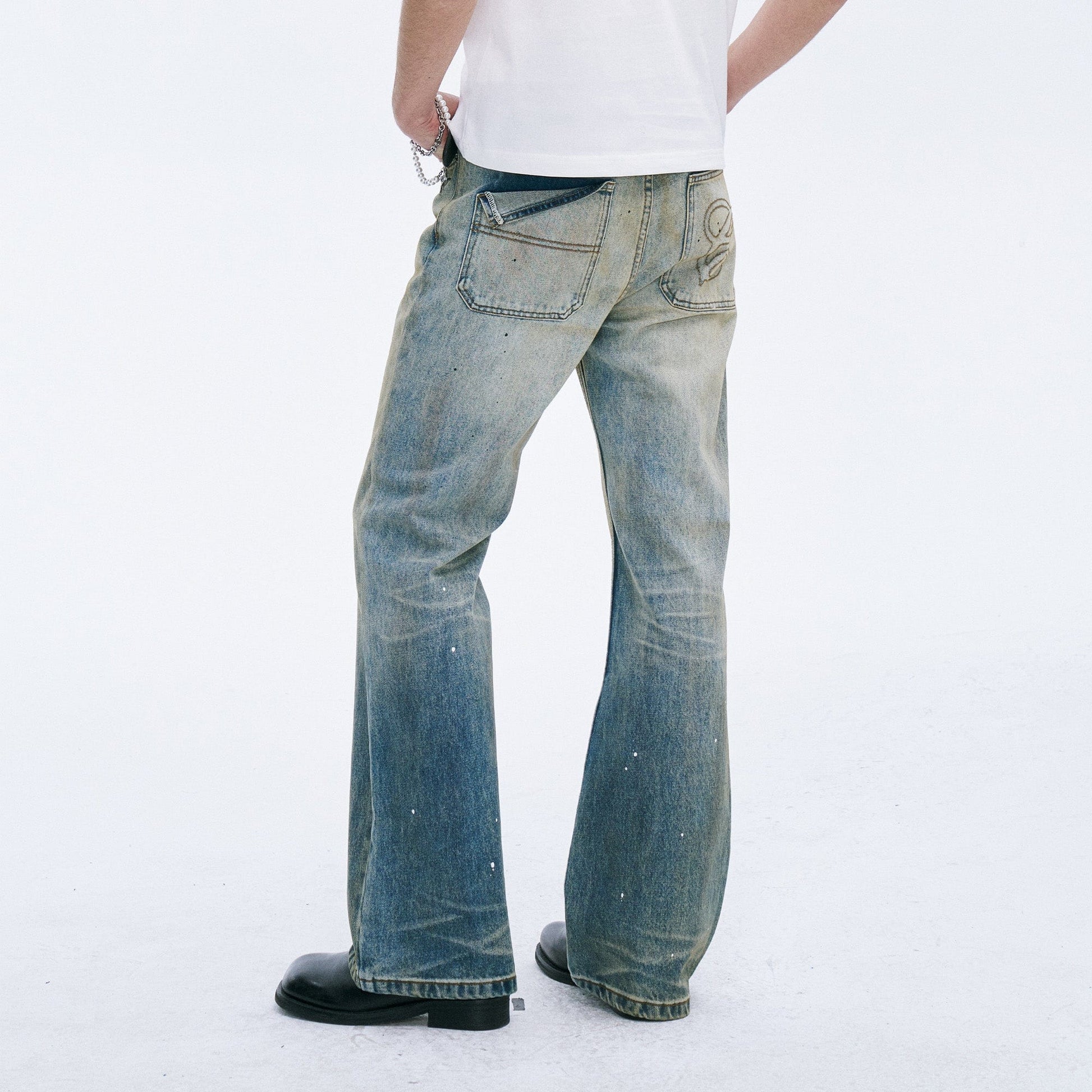 CATSSTAC Washed Sunfade Paint-Splatter Wide-Leg Jeans-Jeans-S-Free Shipping Leatheretro