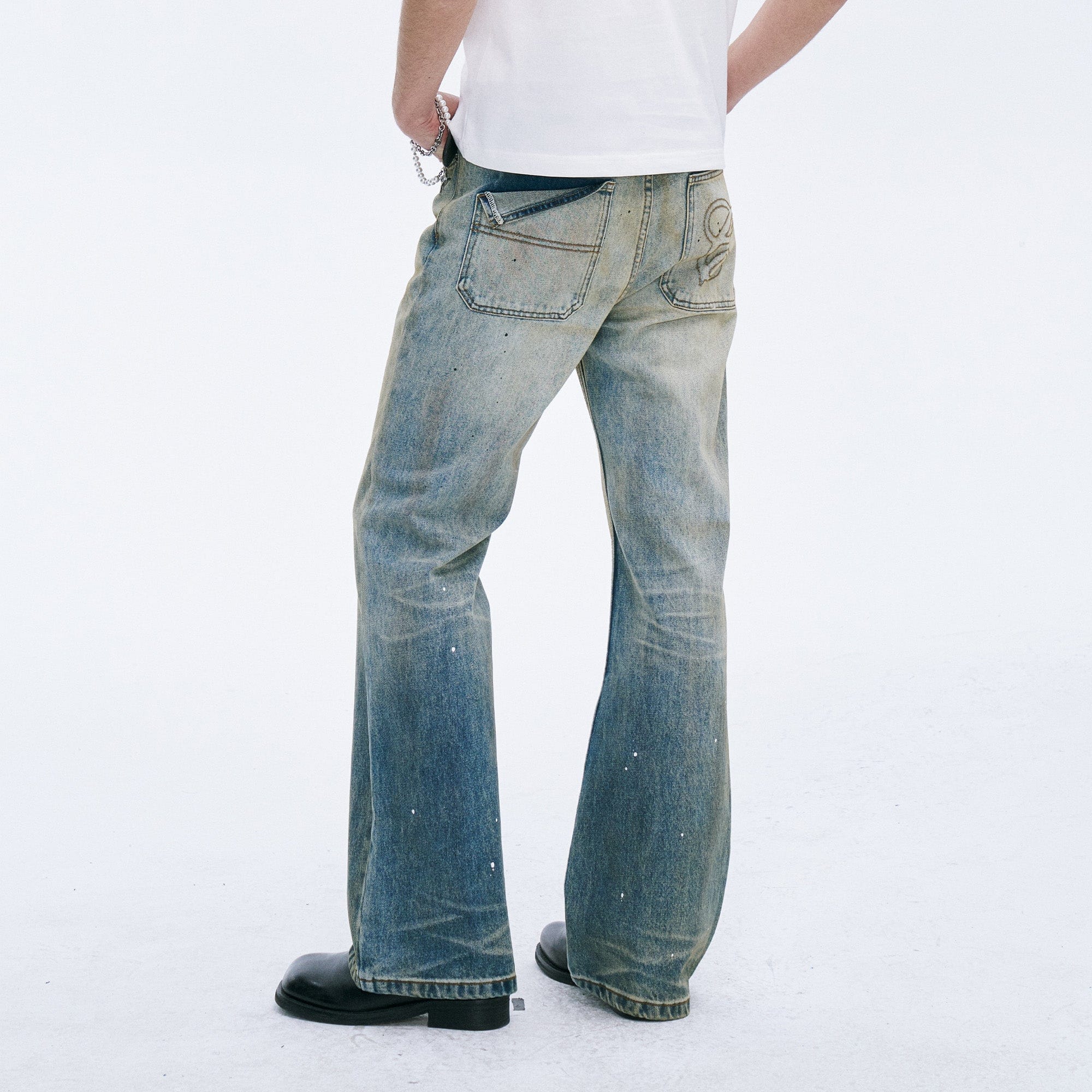 CATSSTAC Washed Sunfade Paint-Splatter Wide-Leg Jeans-Jeans-S-Free Shipping Leatheretro