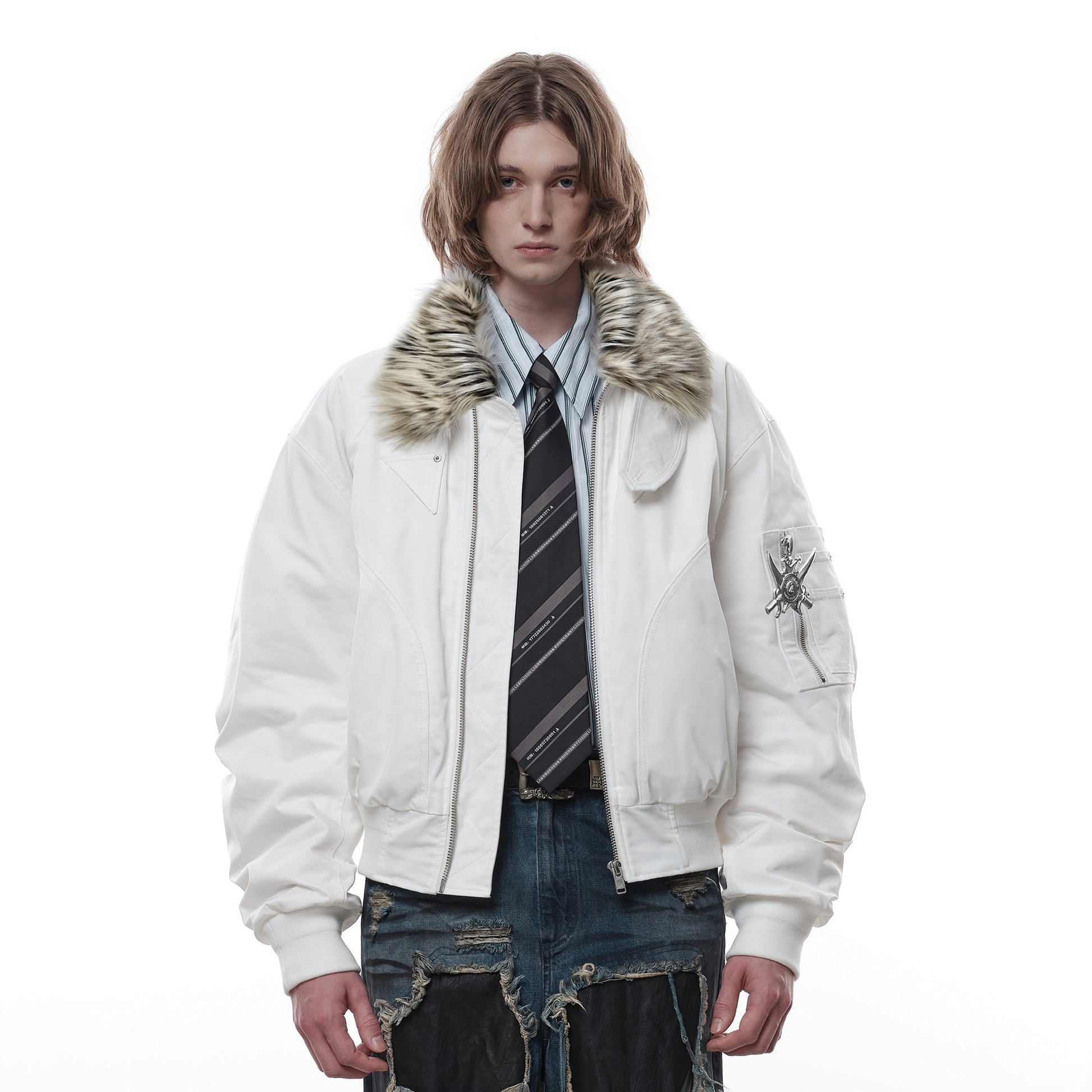 FACEONLAB Faux Fur Collar Utility Bomber Jacket-Jacket-M-Free Shipping Leatheretro