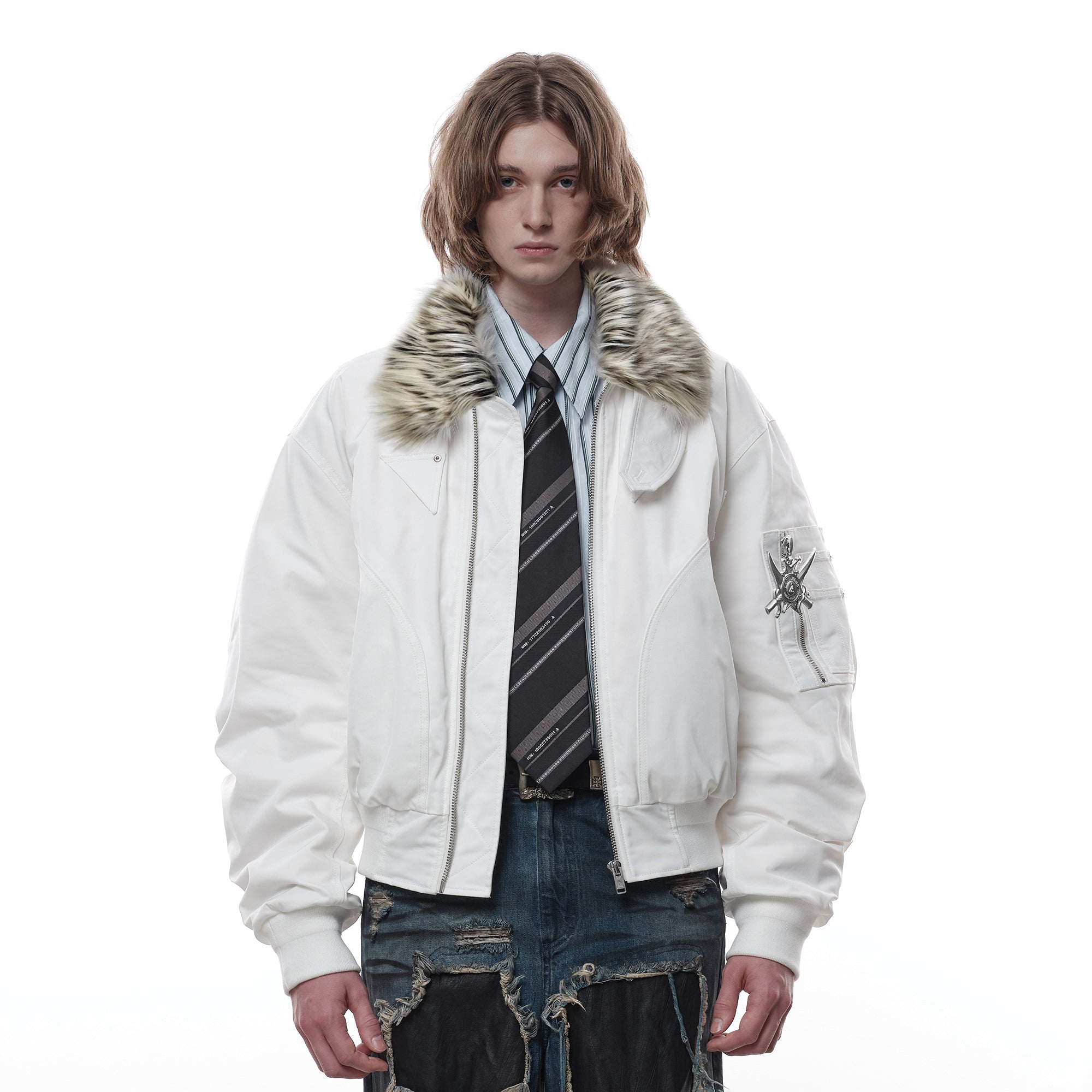 FACEONLAB Faux Fur Collar Utility Bomber Jacket-Jacket-M-Free Shipping Leatheretro