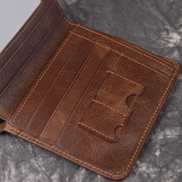 Oil-Waxed Leather Compact Wallet – RFID Wallet with Card Slots & Anti-Magnetic Protection-Wallets & Money Clips-Coffee-Free Shipping Leatheretro