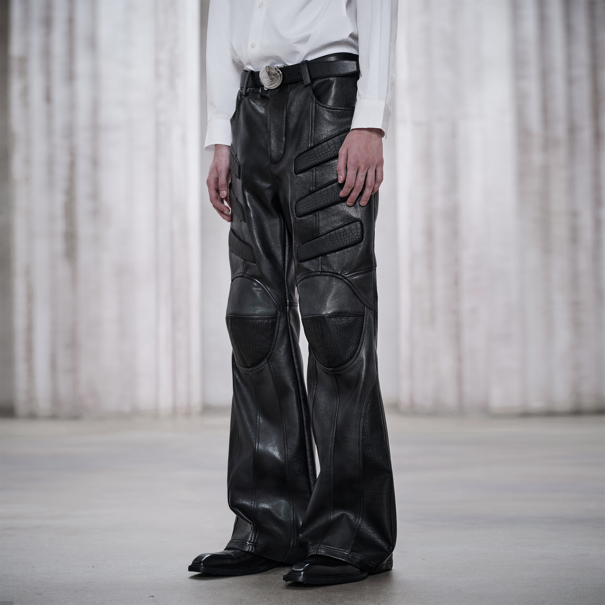 FACEONLAB Panel Armored Faux Leather Biker Pants Black-Pants-M (Preorder)-Free Shipping Leatheretro