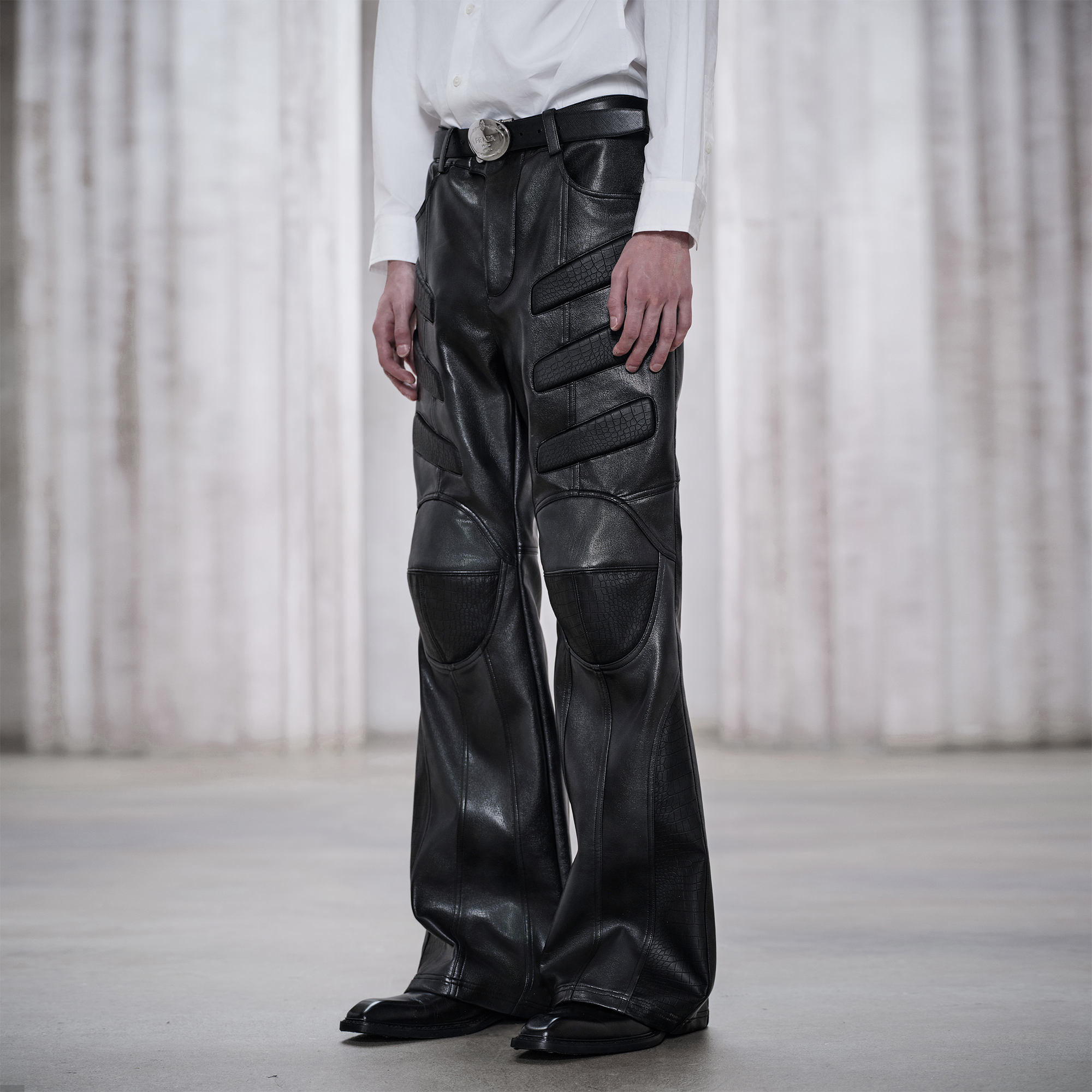 FACEONLAB Panel Armored Faux Leather Biker Pants Black-Pants-M (Preorder)-Free Shipping Leatheretro