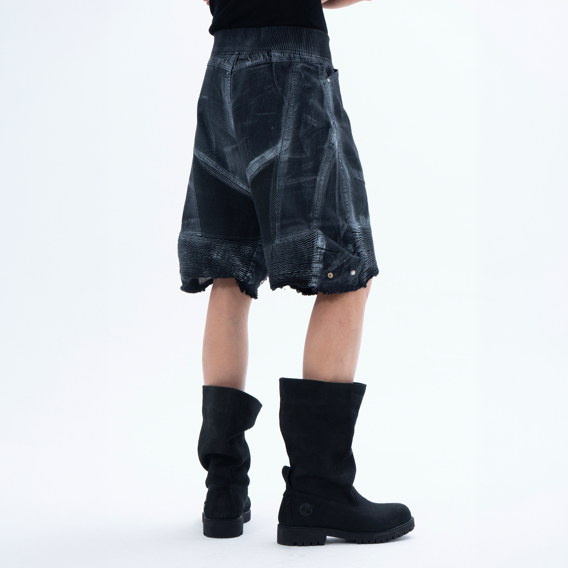 CLP Ribbed Paneled Wide-Leg Denim Shorts-Shorts-M / 27"-Black-Free Shipping Leatheretro