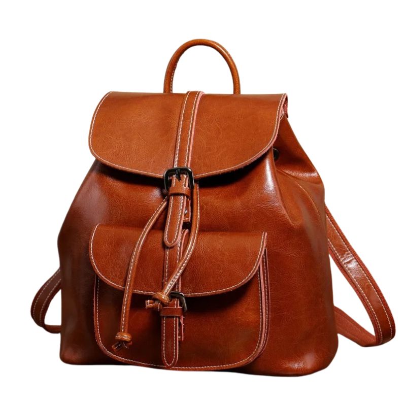 Genuine Waxed Leather Drawstring Backpack for Women-Backpacks-Brown-Free Shipping Leatheretro