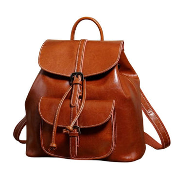 Genuine Waxed Leather Drawstring Backpack for Women-Backpacks-Brown-Free Shipping Leatheretro