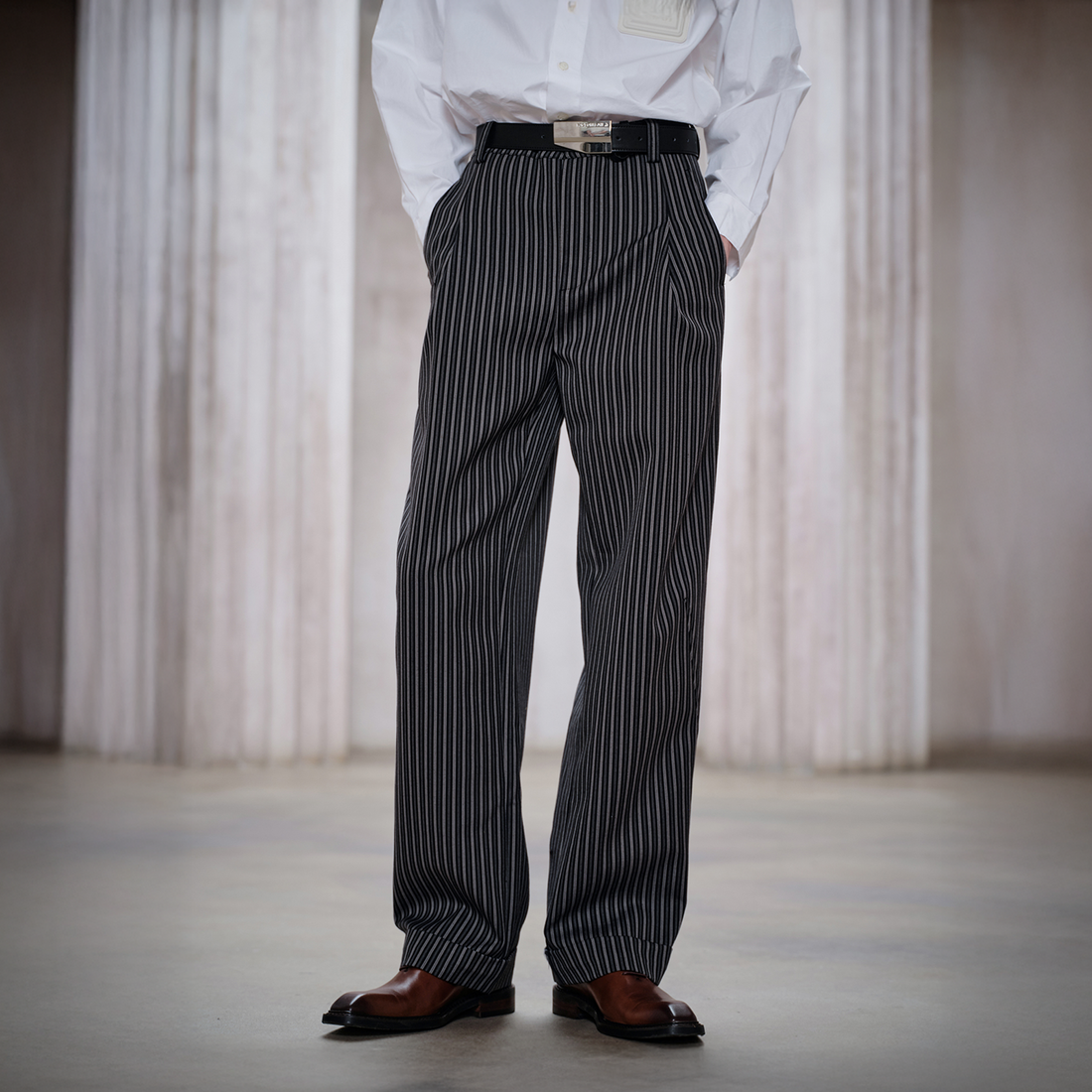 FACEONLAB Classic Striped Wool Pleated Tailored Trousers-Pants-M-Free Shipping Leatheretro
