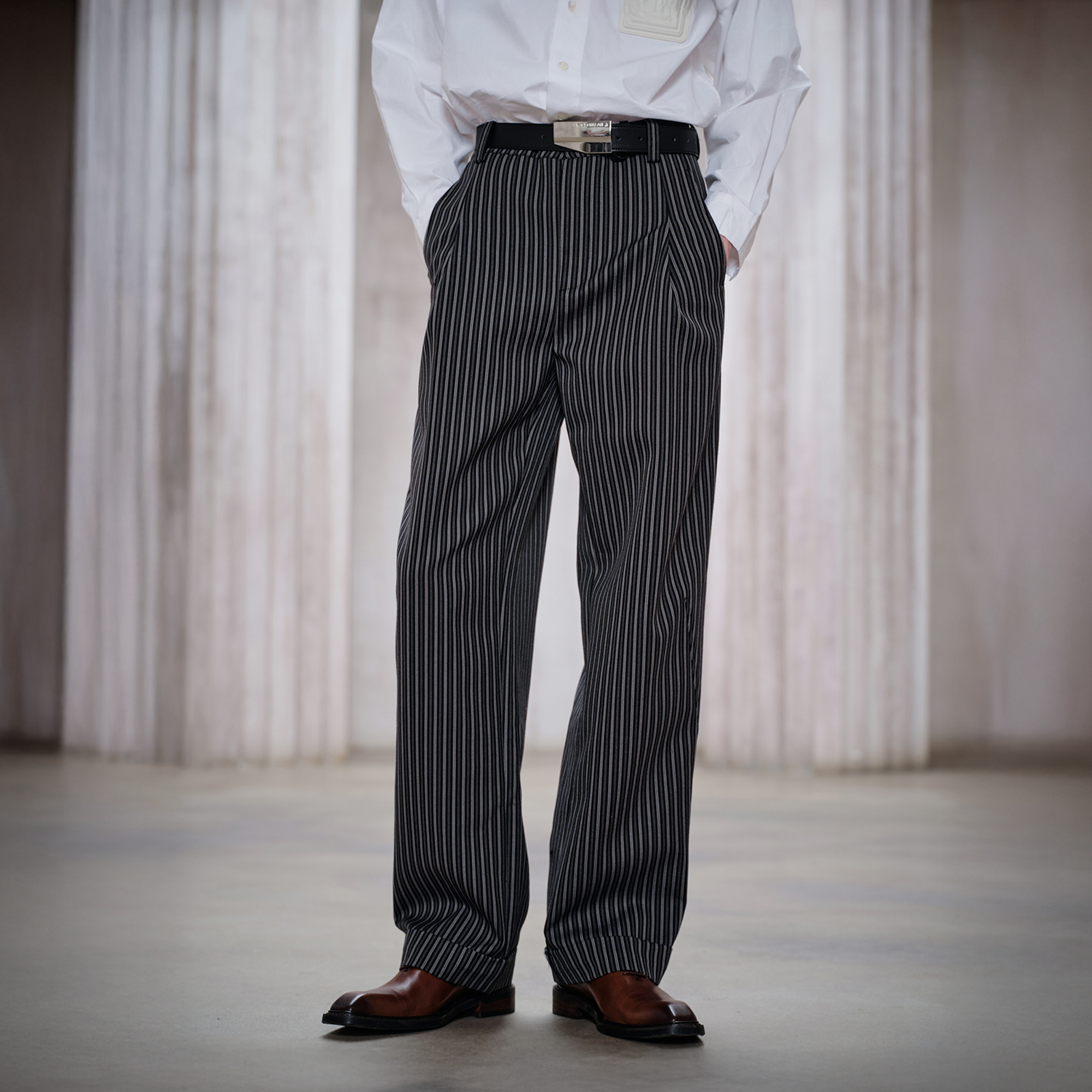 FACEONLAB Classic Striped Wool Pleated Tailored Trousers-Pants-M-Free Shipping Leatheretro