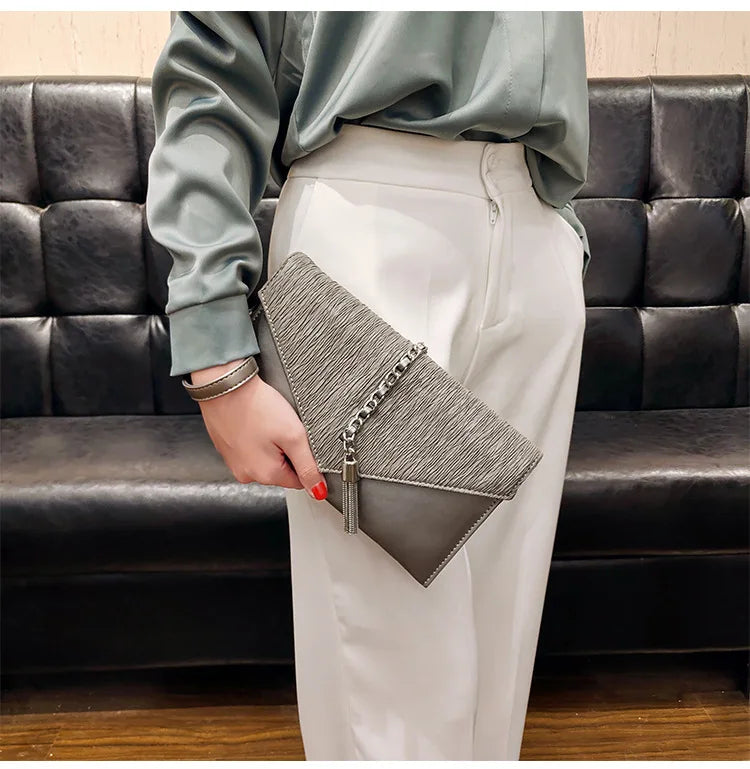 PU leather Tassels ladies Women Shoulder Bag - Envelope Clutches Purse-Clutch-Black-Free Shipping Leatheretro