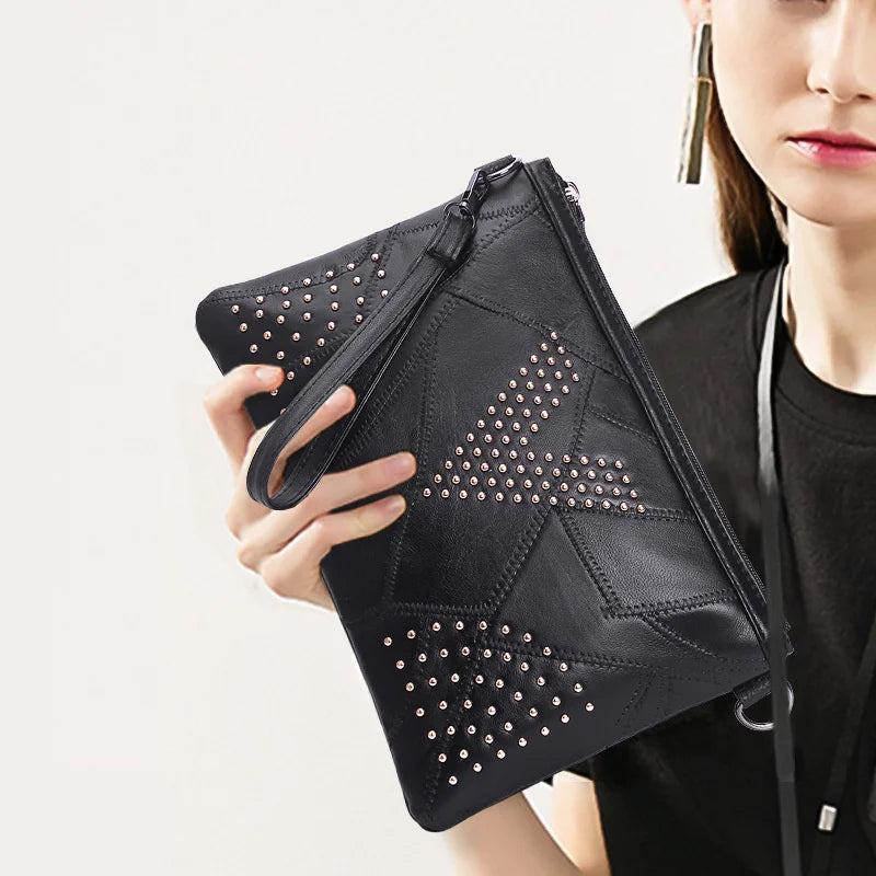 Women’s Black Rivet Shoulder Bag – Small Crossbody Messenger Handbag-Handbags-Black-Free Shipping Leatheretro