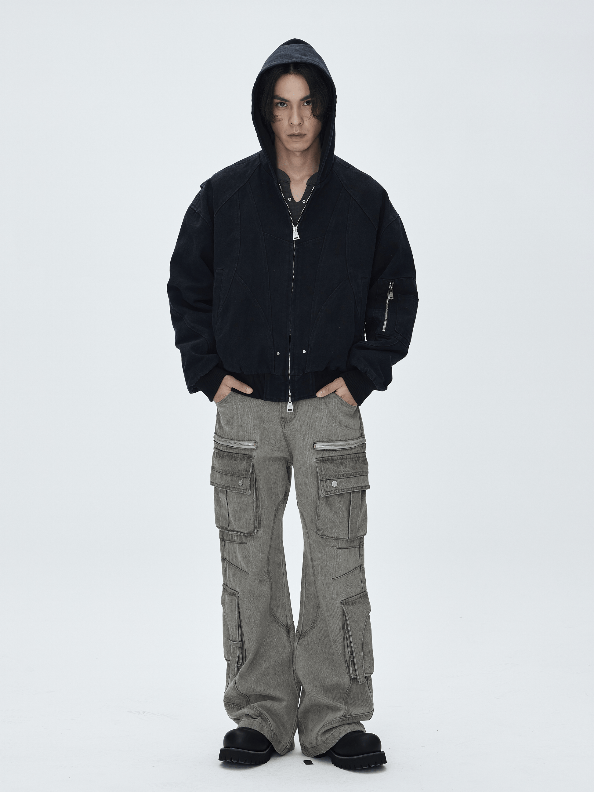 CATSSTAC Washed Multi-Pocket Utility Straight-Leg Jeans-Jeans-Gray-M-Free Shipping Leatheretro