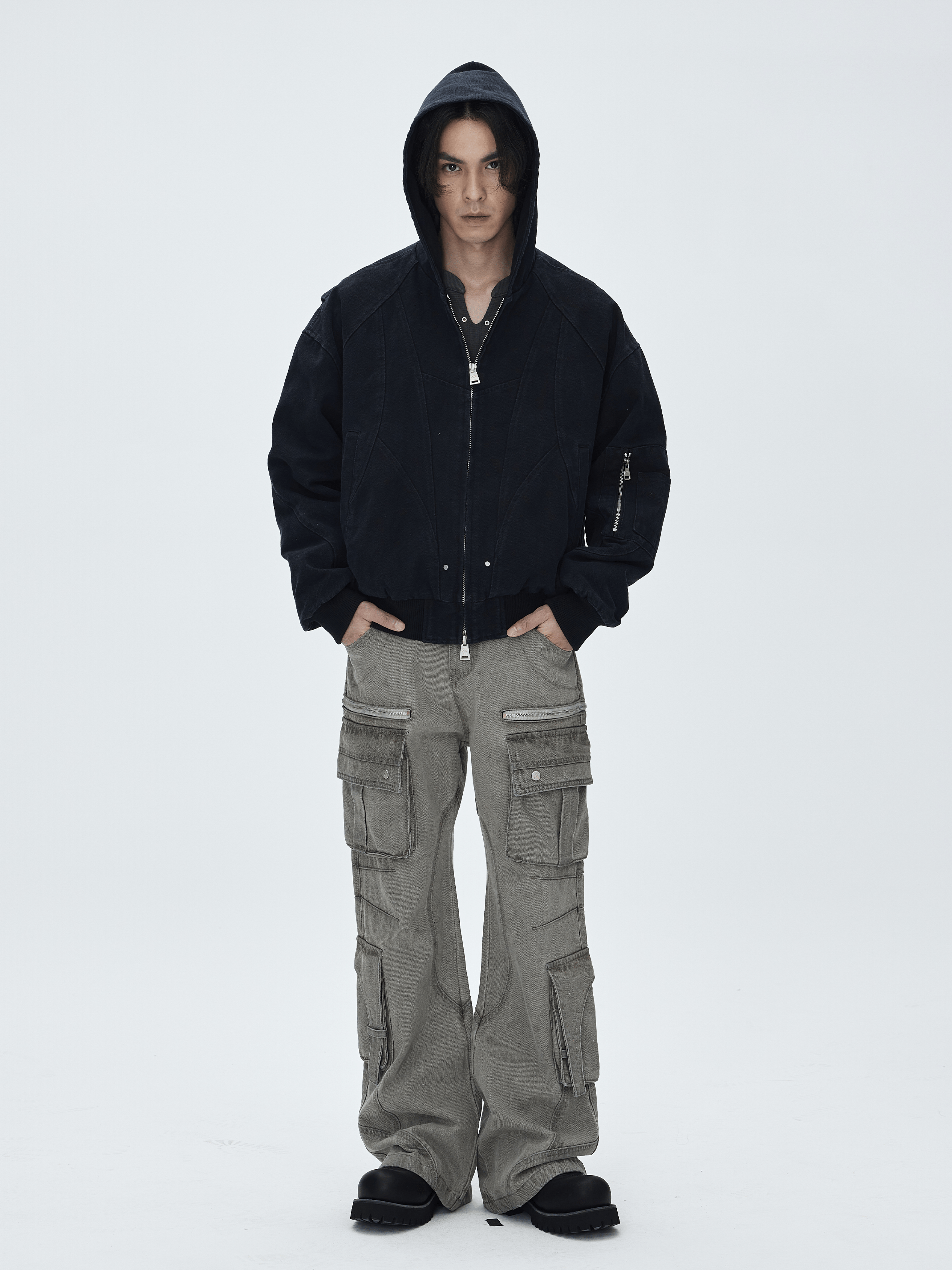 CATSSTAC Washed Multi-Pocket Utility Straight-Leg Jeans-Jeans-Gray-M-Free Shipping Leatheretro