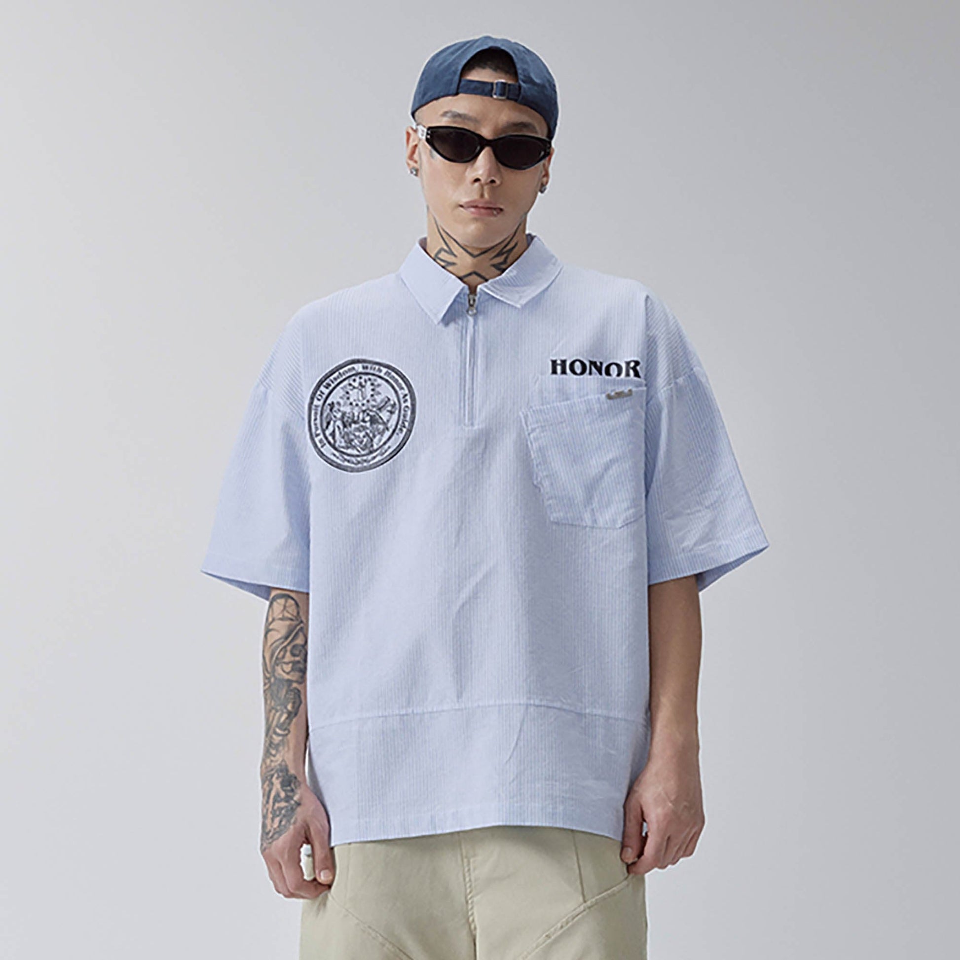 F2CE Pinstriped Half-Zip Polo Pocket T-Shirt-T Shirt-S-Free Shipping Leatheretro