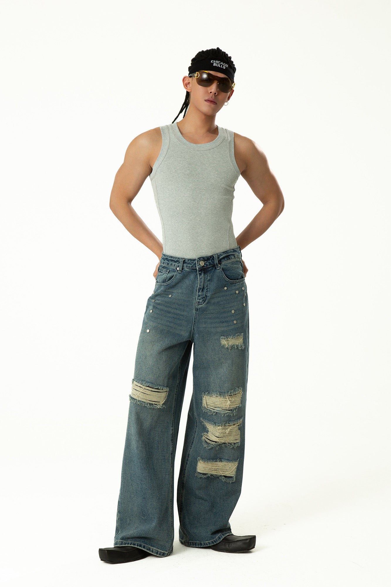 CLP Retro Washed Distressed Rivet Jeans-Jeans-M-Free Shipping Leatheretro