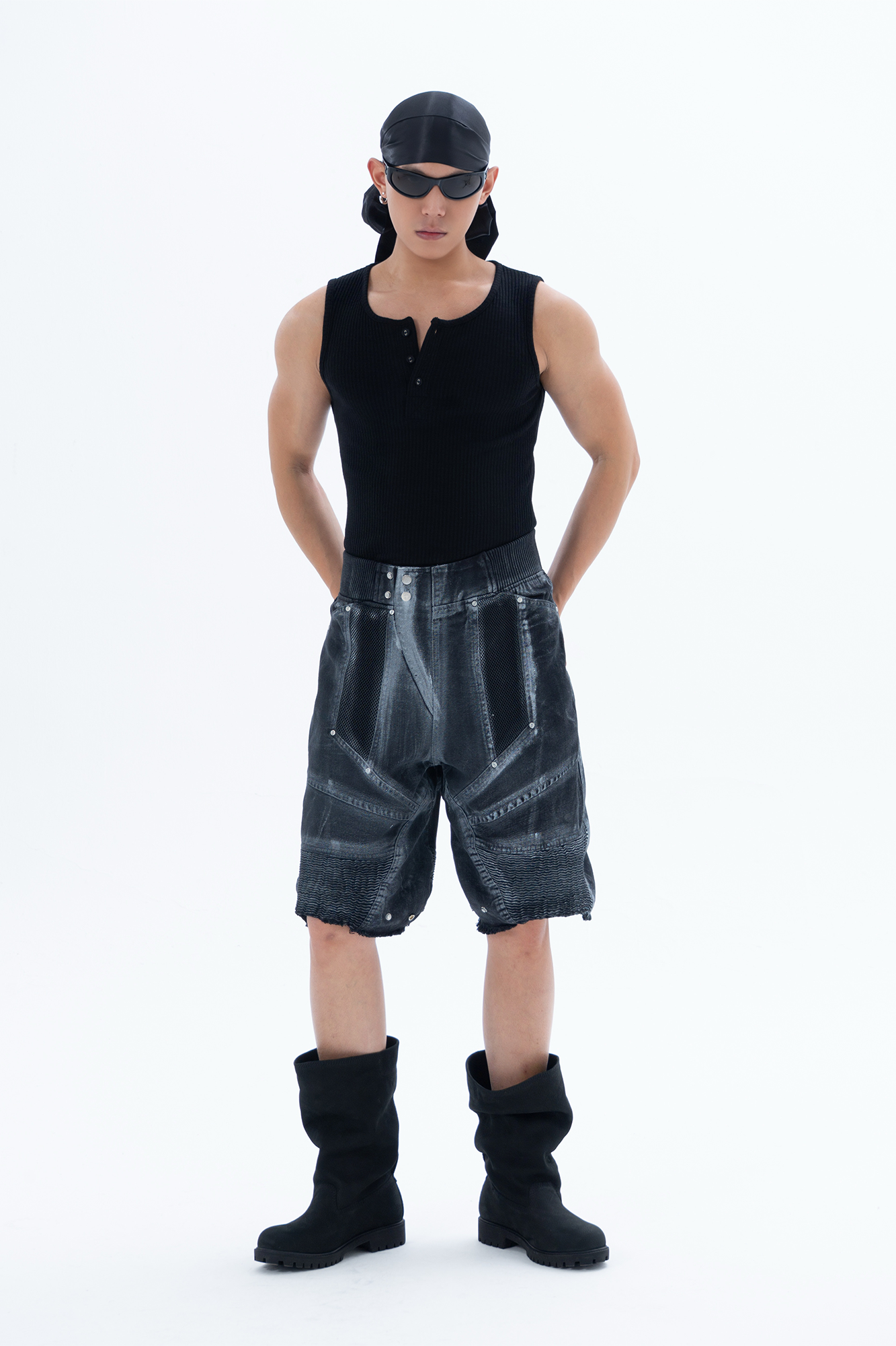 CLP Ribbed Paneled Wide-Leg Denim Shorts-Shorts-M / 27"-Black-Free Shipping Leatheretro