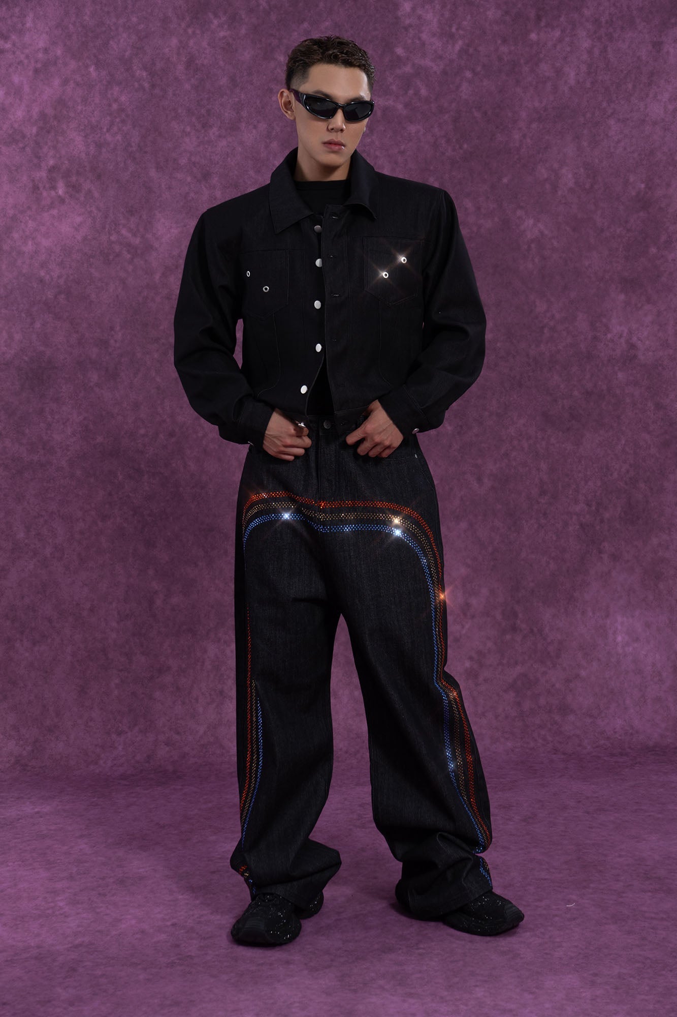 CLP Cropped Shoulder Padding Denim Jacket-Jacket-S-Navy-Free Shipping Leatheretro