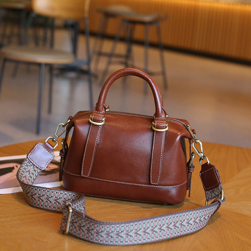 Genuine Leather Shoulder Messenger Bag - First Layer Cowhide Sandwich Zipper Bags-Messenger Bag-Sugar Brown-Free Shipping Leatheretro