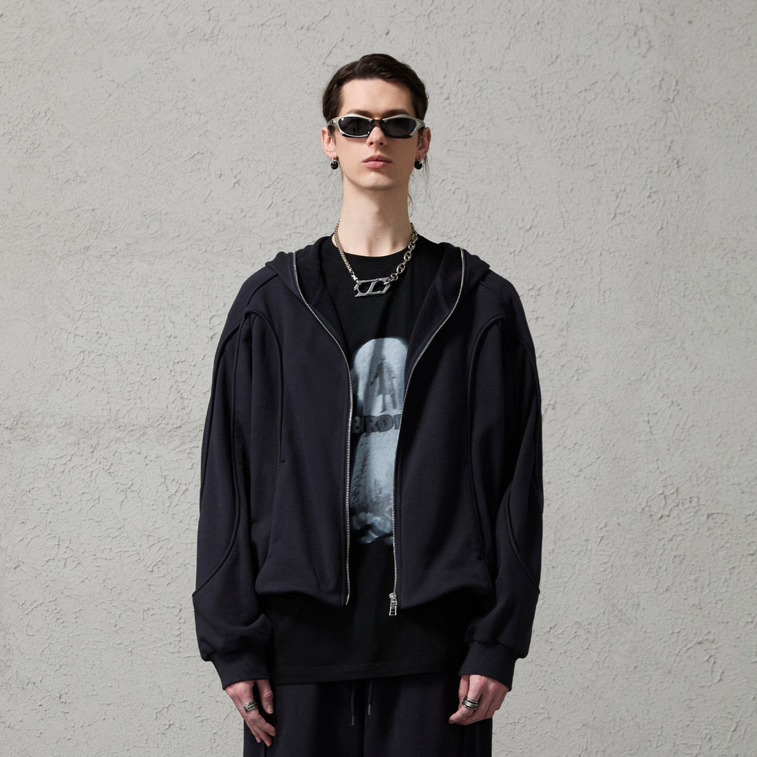 ORGANIC EMOTION Curved Panel Drawstring-Hem Zip-Up Hoodie-Jacket-Dark Blue-S-Free Shipping Leatheretro