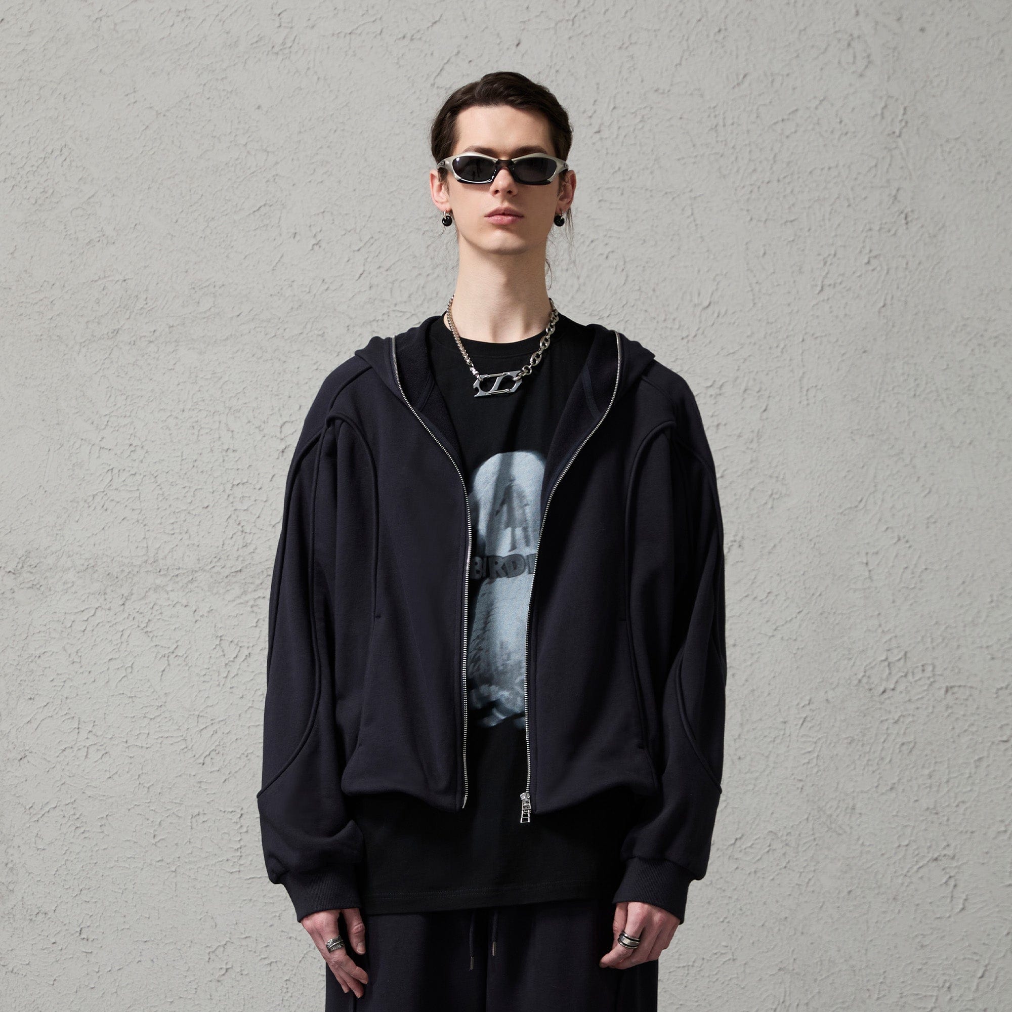 ORGANIC EMOTION Curved Panel Drawstring-Hem Zip-Up Hoodie-Jacket-Dark Blue-S-Free Shipping Leatheretro