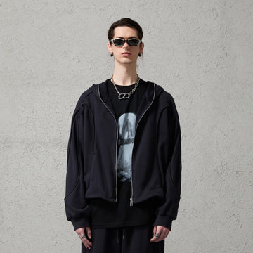 ORGANIC EMOTION Curved Panel Drawstring-Hem Zip-Up Hoodie-Jacket-Dark Blue-S-Free Shipping Leatheretro