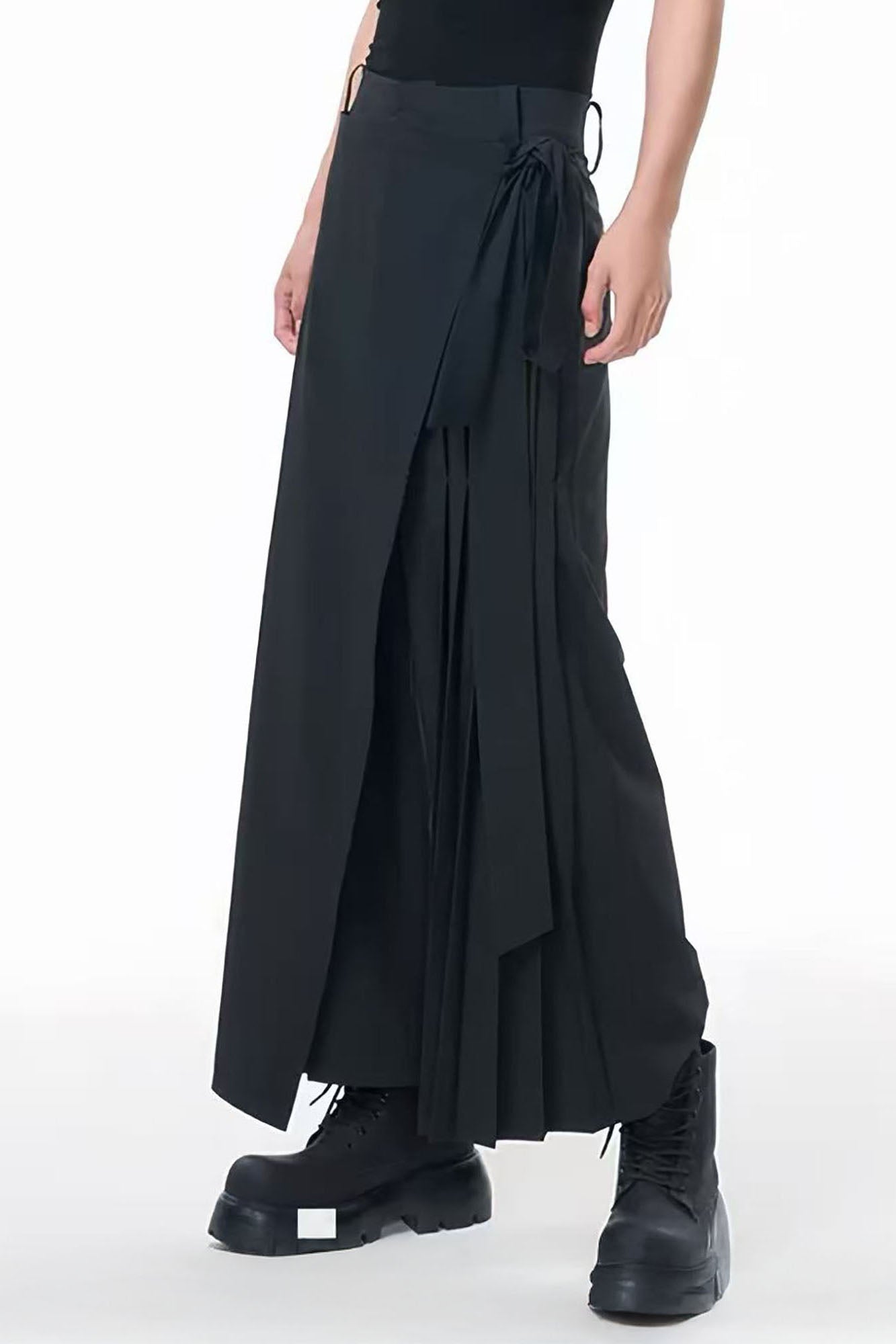 TUIMU Asymmetrical Wrap Pleated Wide-Leg Trousers-Pants-S-Black-Free Shipping Leatheretro
