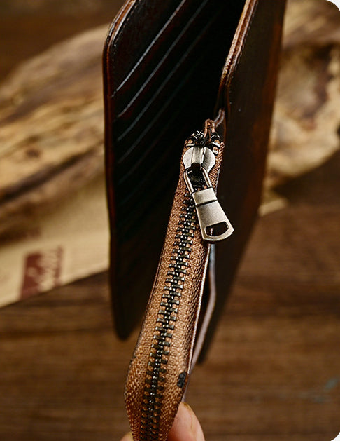Genuine Leather Men's Vintage Distressed Multi-Card Long Wallet-Handbags, Wallets & Cases-Coffee-Free Shipping Leatheretro