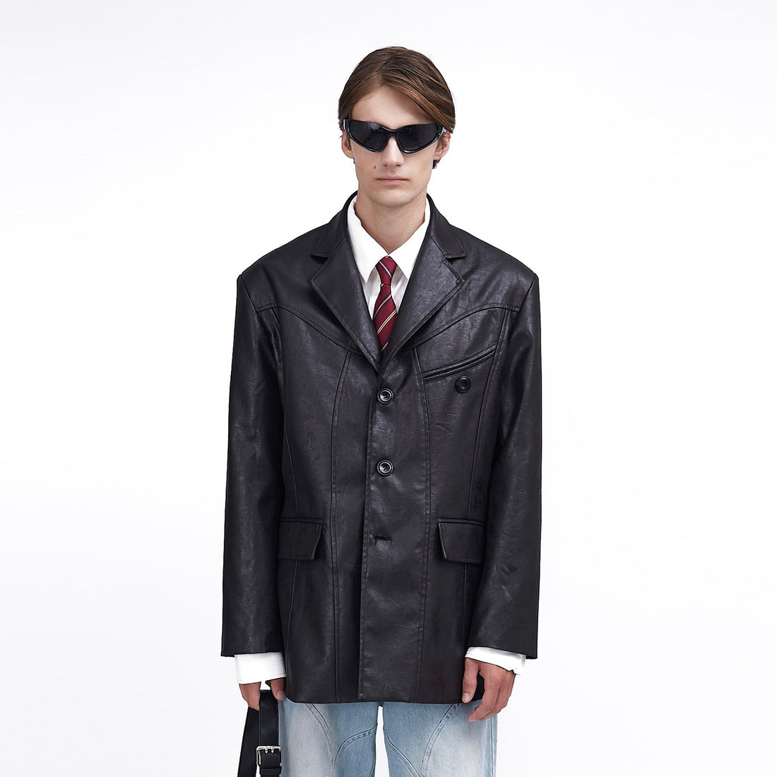 ASSEEN Oversized Faux Leather Curved Stitch Blazer-Jacket-S-Free Shipping Leatheretro