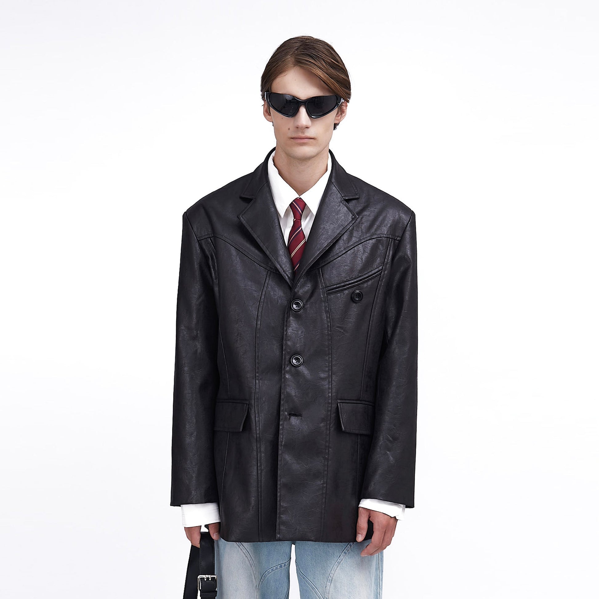 ASSEEN Oversized Faux Leather Curved Stitch Blazer-Jacket-S-Free Shipping Leatheretro