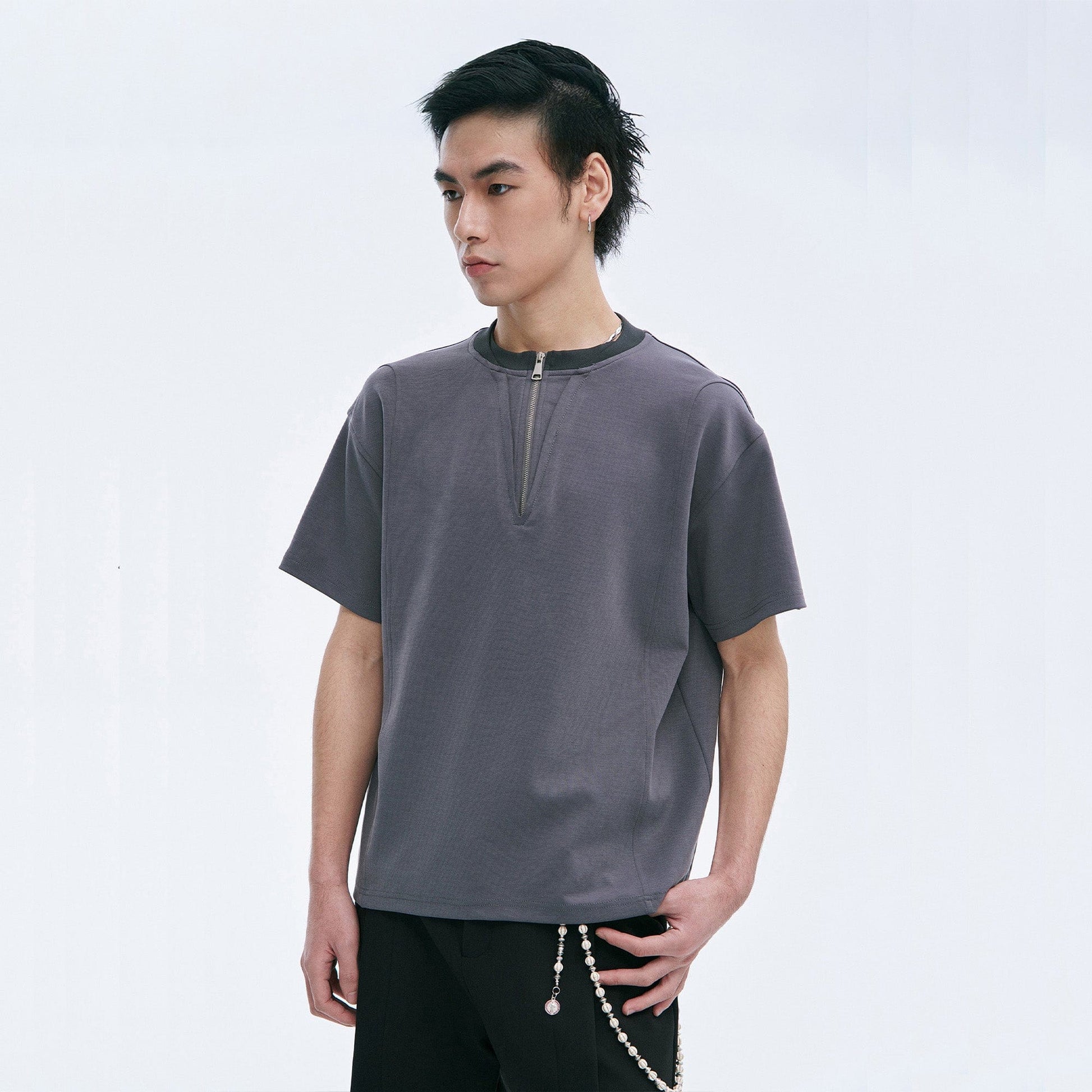 CATSSTAC Cross Spliced Dual-Zip T-Shirt-T Shirt-M-Gray-Free Shipping Leatheretro