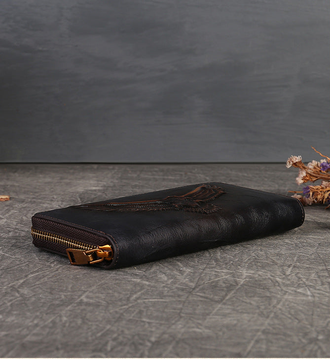 Full-Grain Leather Unisex Wallet - Multi-Card Slots, Eagle Design Spacious Design & Phone Pocket-Handbags, Wallets & Cases-Dark Brown-Free Shipping Leatheretro